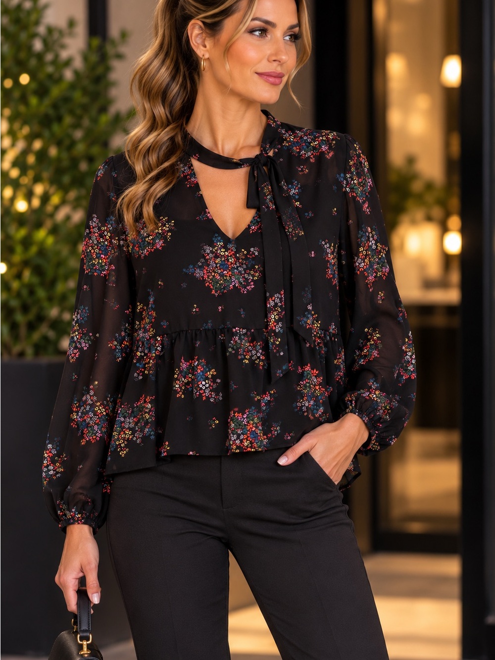 David Lerner Black Floral Tie-Neck Ruffle Blouse